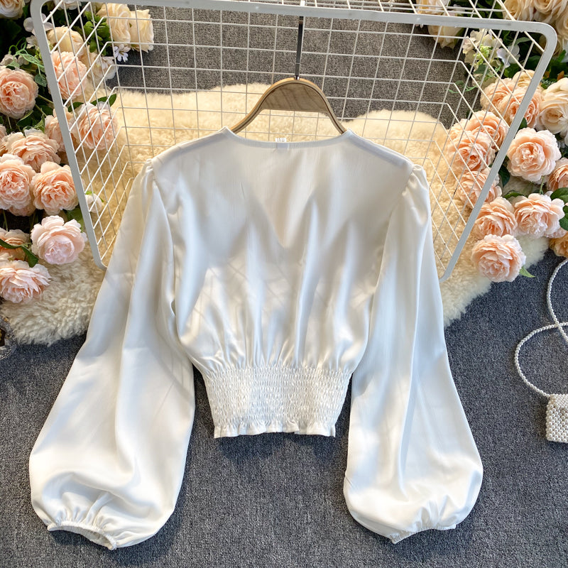 Vit Dam Blus V-ringad Kortärmad Polyester med Puffärmar-4