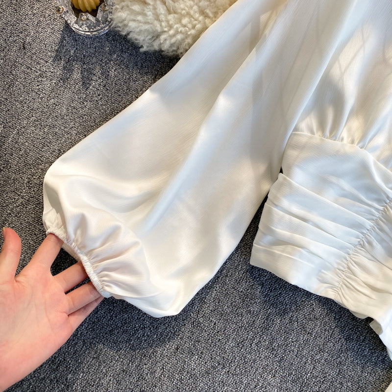 Vit Dam Blus V-ringad Kortärmad Polyester med Puffärmar-6