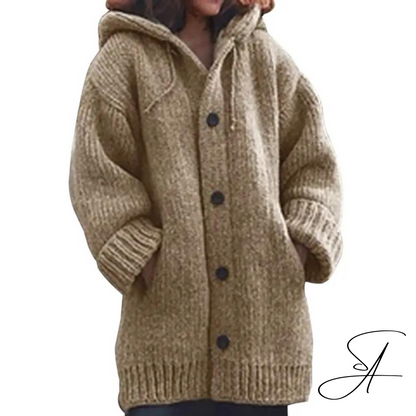 Dam Höstkardigan Med Huva Stickad Akryl-5