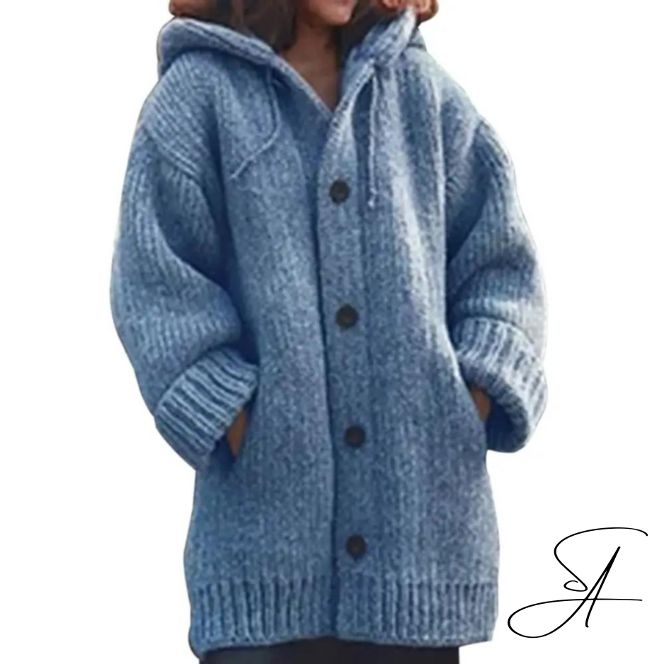 Dam Höstkardigan Med Huva Stickad Akryl-2