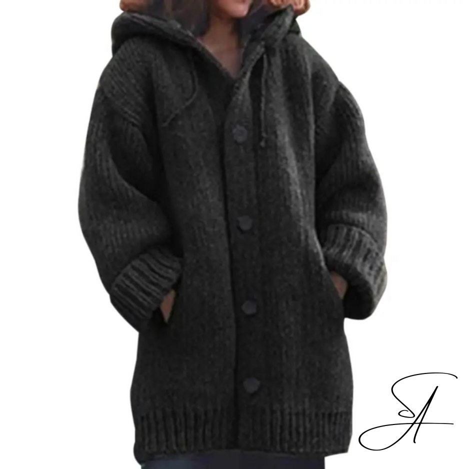 Dam Höstkardigan Med Huva Stickad Akryl-1