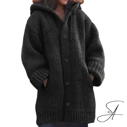 Dam Höstkardigan Med Huva Stickad Akryl-1