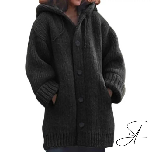 Dam Höstkardigan Med Huva Stickad Akryl-1