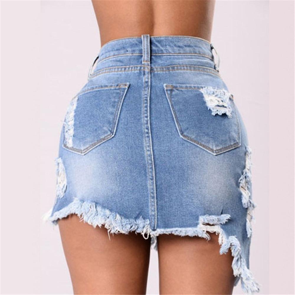 Asymmetrisk Jeanskjol Dam med Slitningar – Kort Denimkjol med Hög Midja och Praktiska Fickor 2