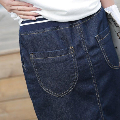 Dam Jeanskjol Midi Elastiskt Midjeband Denim-2