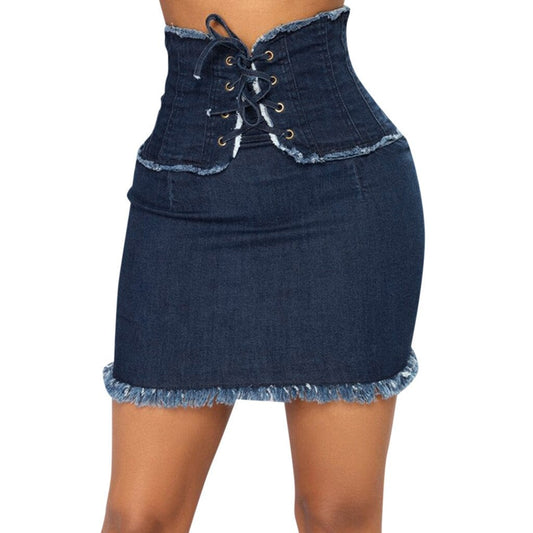 Dam Jeanskjol Hög Midja med Snörning i Jeansmaterial-1