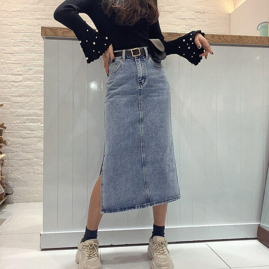 Kjol Dam Jeanskjol Med Bälte Sidoslits Denim-1