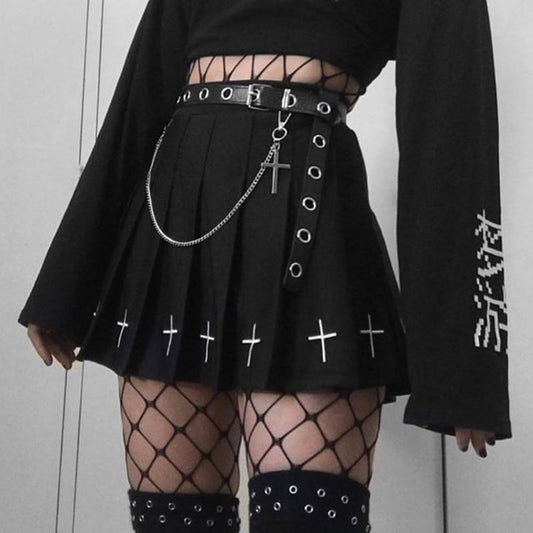 Kvinnors Minikjol Gotisk Stil med Veck och Dekorativa Tryck i Svart Polyester 1