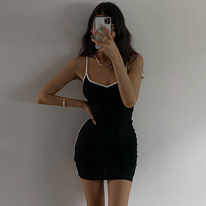 Dam Miniklänning Djup V-ringning Kontrasterande Remmar Högkvalitativt Tyg-4