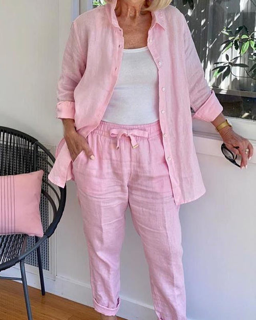 Dam Långärmad Skjorta och Byxor Set i Mjukt Material för Sommarkläder-1