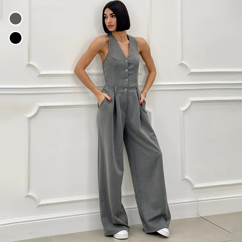 Kvinnors Bredbent Jumpsuit med Knappdetaljer i Polyester-1