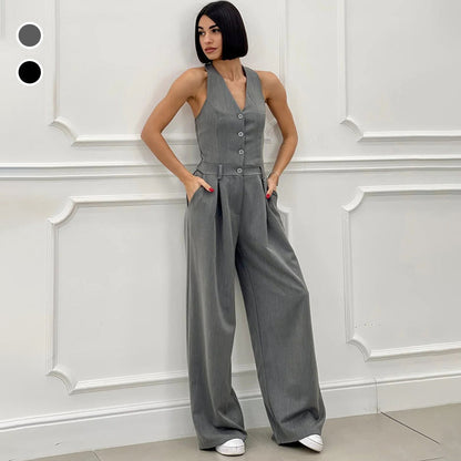 Kvinnors Bredbent Jumpsuit med Knappdetaljer i Polyester-1