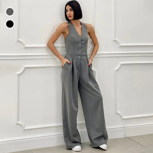 Kvinnors Bredbent Jumpsuit med Knappdetaljer i Polyester-1