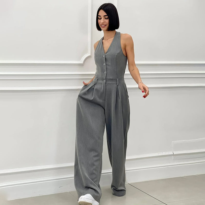 Kvinnors Bredbent Jumpsuit med Knappdetaljer i Polyester-3