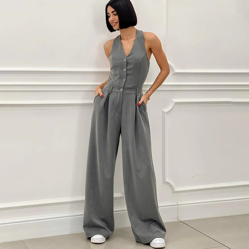 Kvinnors Bredbent Jumpsuit med Knappdetaljer i Polyester-2