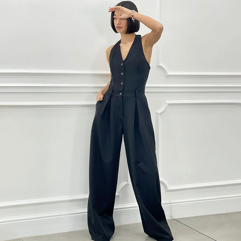 Kvinnors Bredbent Jumpsuit med Knappdetaljer i Polyester-5