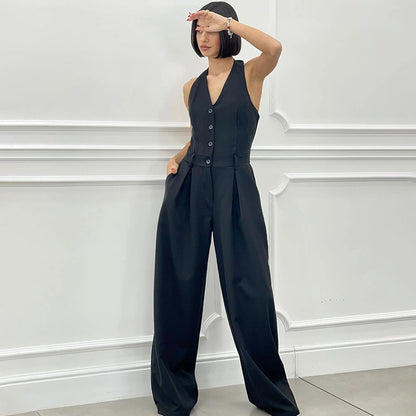 Kvinnors Bredbent Jumpsuit med Knappdetaljer i Polyester-5