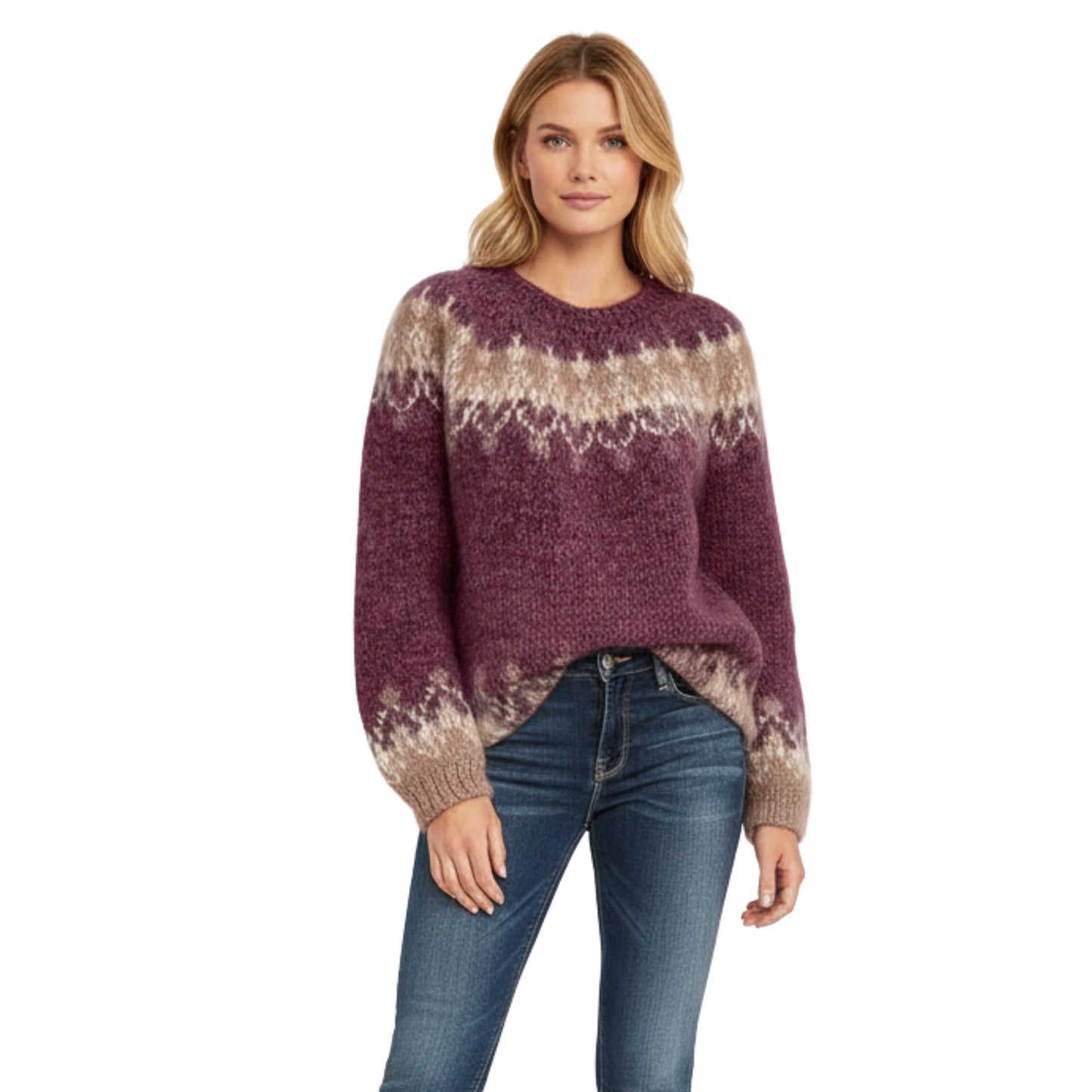 Stickad Dam Tröja Chunky Mohair med O-hals och Långa Ärmar