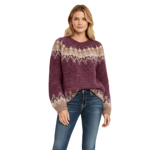 Stickad Dam Tröja Chunky Mohair med O-hals och Långa Ärmar