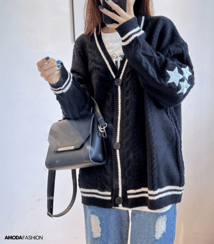 Dam Tröja Stjärnmönster Mjuk Fleece Avslappnad Passform-2