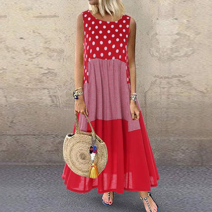 Maxikleid Damen mit Muster und Lagen – Lässiger Schnitt, Rundhals, Leichtes Material in Schwarz, Rot, Gelb, Punkt- und Karomuster 2