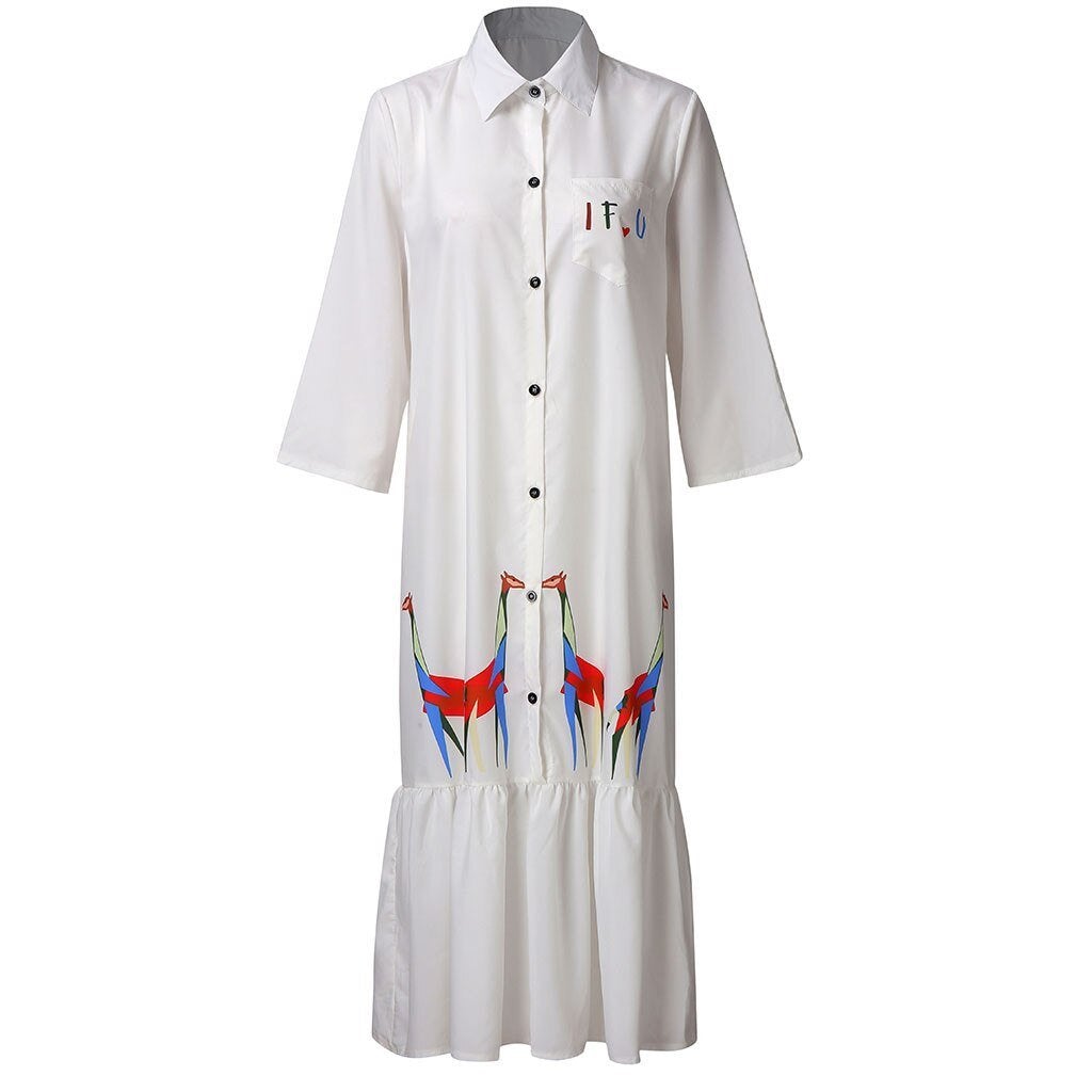 Maxiklänning Dam Girafftryck Skjortkrage Polyester Lång Ärmar-1