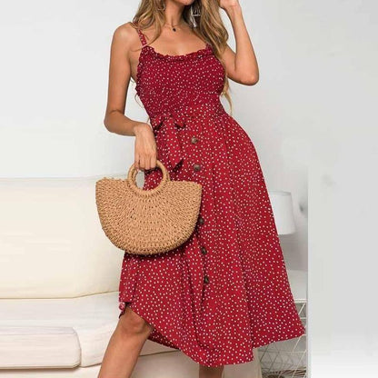 Damklänning med Prickar och Ruffles i Flödande Tyg, Fina Dam Klänningar 7