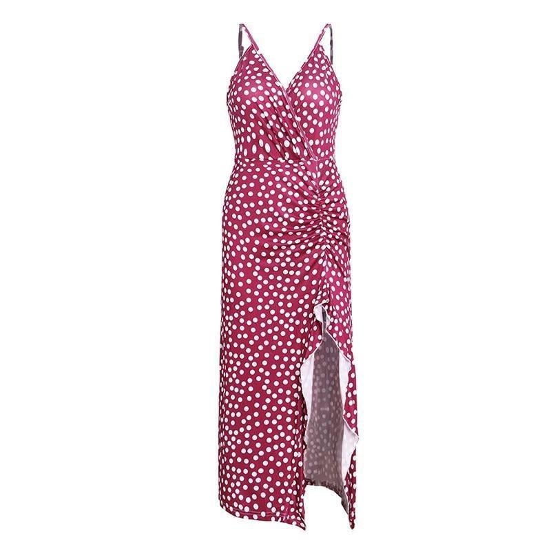 Damklänning Midi med Slits och V-ringning – Polkadot Design i Högkvalitativt Tyg, Perfekt för Fest och Vardag 4