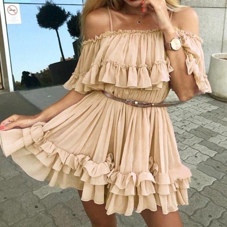 Variant image for Damklänning A-linje Ruffles Polyester Utsatta Axlar-7