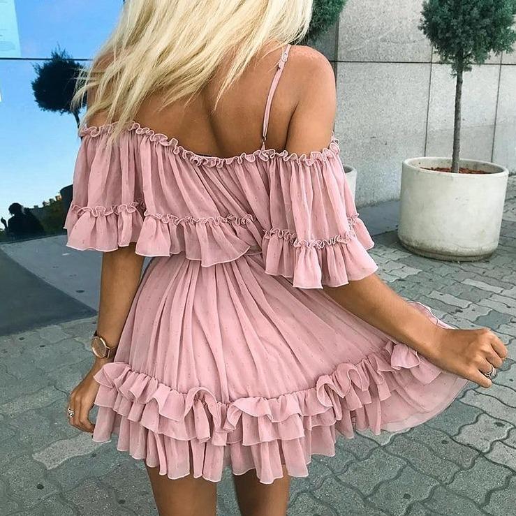 Damklänning A-linje Ruffles Polyester Utsatta Axlar-2