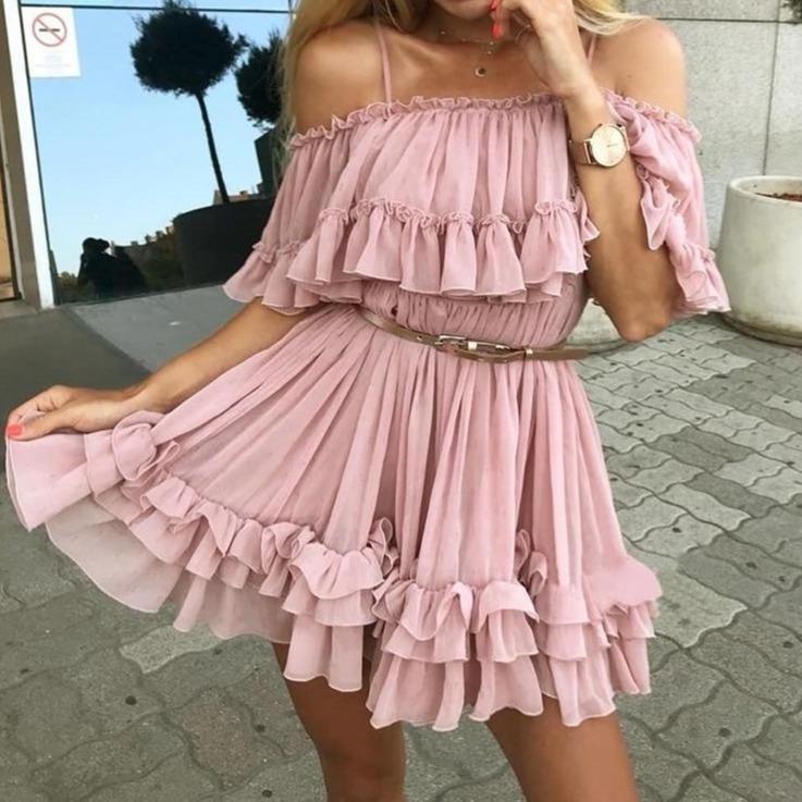 Damklänning A-linje Ruffles Polyester Utsatta Axlar-1