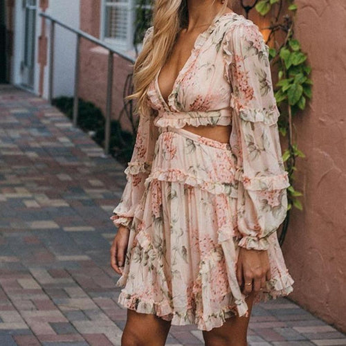 Blommönstrad Klänning för Kvinna med Utdrag på Midjan och Blossade Ärmar – 100% Polyester, Perfekt för Vår och Sommar 1