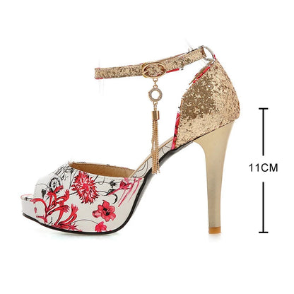 Dam Sandaler Blommönster Platå 11 cm Klack PU-5