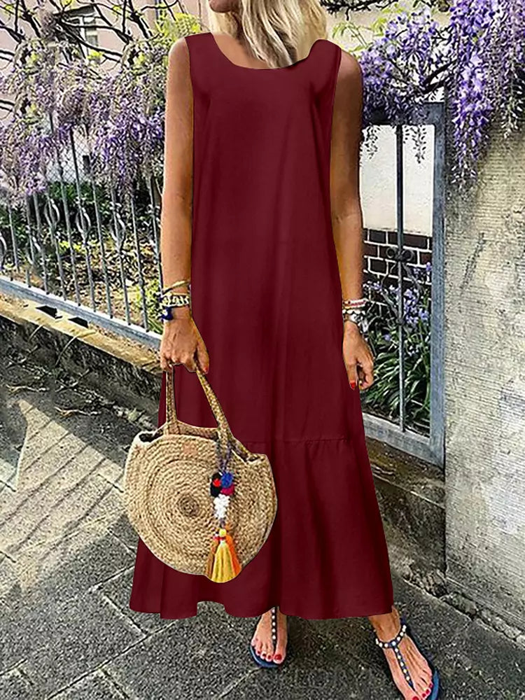 Dam Maxiklänning Boho Stil 100% Bomull Fotledslängd-2
