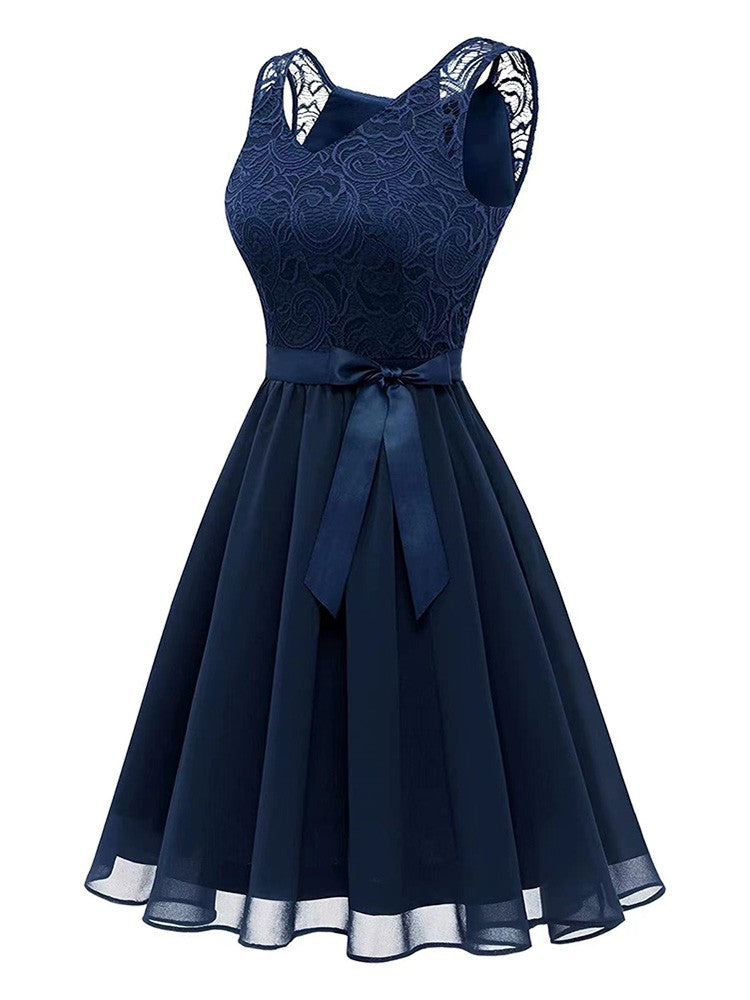 Kvinnors Midi Klänning V-ringning Spetsdetaljer Polyester-5