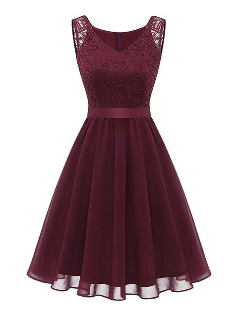 Kvinnors Midi Klänning V-ringning Spetsdetaljer Polyester-1