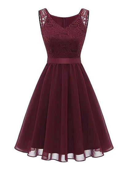 Kvinnors Midi Klänning V-ringning Spetsdetaljer Polyester-1