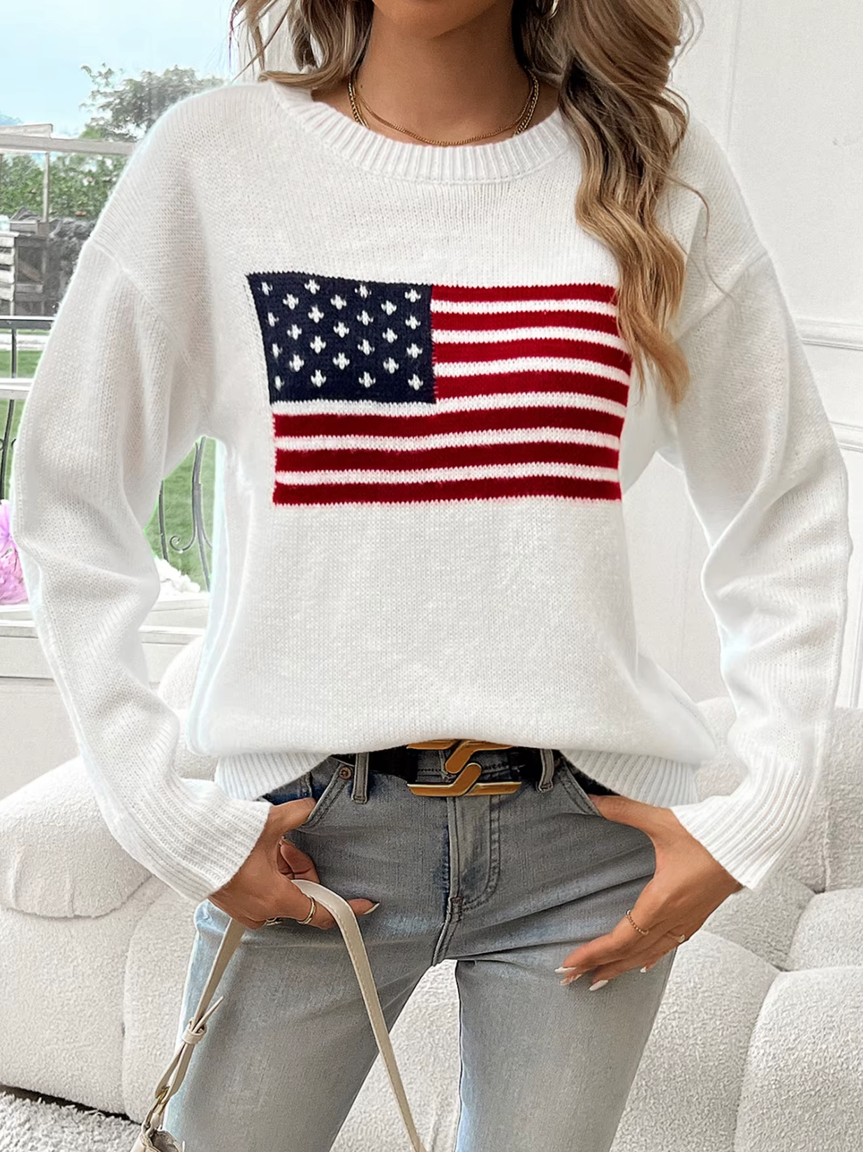 Dam Tröja Rund Hals Mjuk Bomull Amerikansk Flagga-3