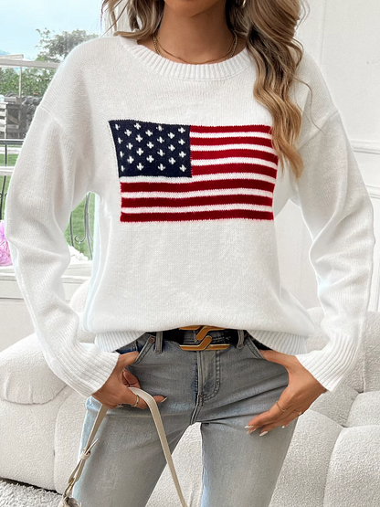 Dam Tröja Rund Hals Mjuk Bomull Amerikansk Flagga-3