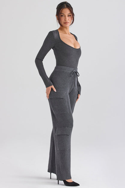 Dam Byxor med Resår i Midjan Snygga Ribbade Lastbyxor i Mörkgrå och Khaki-4