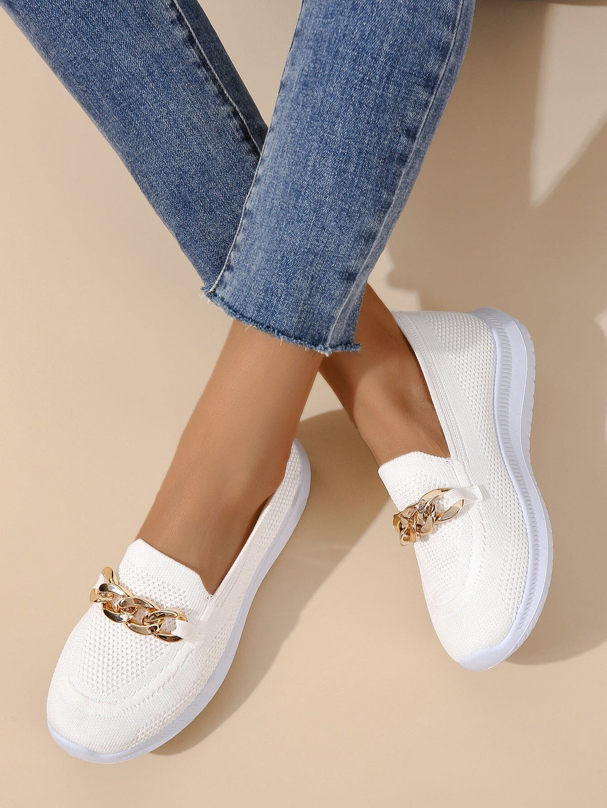 Damen-Slip-On-Loafers, atmungsaktives Netz mit Ketten-Dekor-4