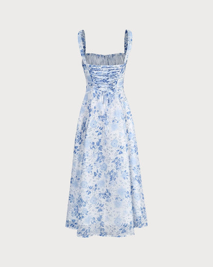 Kvinna Midi Klänning Blommönster Fyrkantig Halsringning Polyester Elastan-3