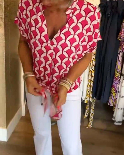 Dam Festtoppar V-halslinje Tryckt Högkvalitativt Tyg-5