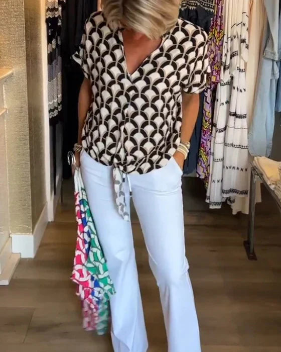 Dam Topp V-hals Bomullsblandning Trendig Korta Ärmar 2