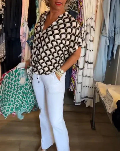 Dam Festtoppar V-halslinje Tryckt Högkvalitativt Tyg-3