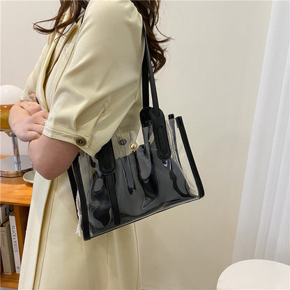 Dam Handväska Stor Transparent PU Läder med Flera Fickor-5