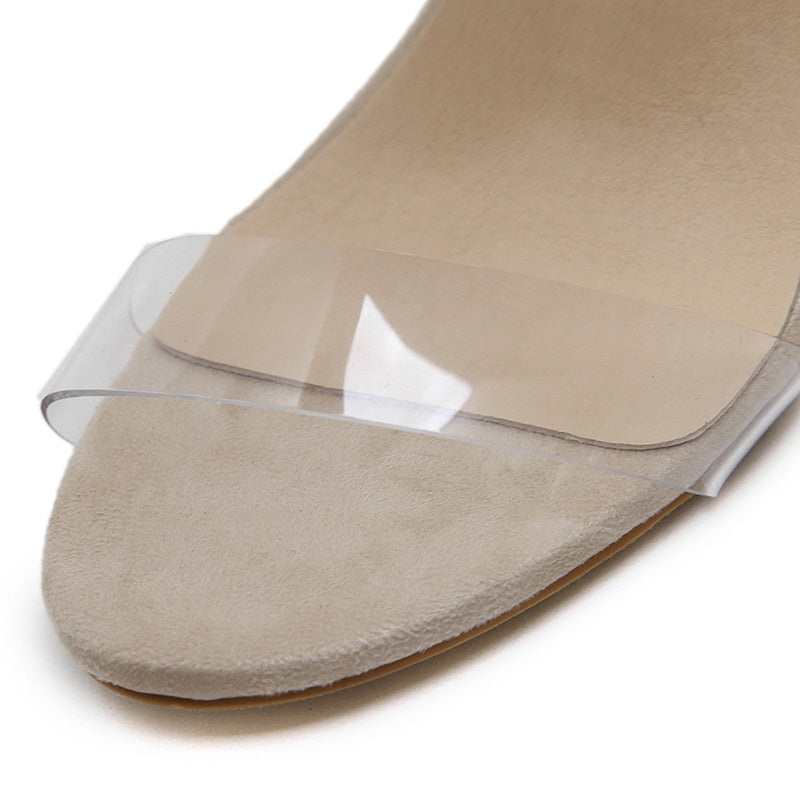 Dam Pumps Transparent Ankelrem Rund Tå Handgjord PU Gummi-5