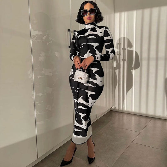 Maxiklänning Dam Turtleneck Bodycon Lång Klänning med Ko-Mönster-1