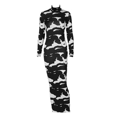 Maxiklänning Dam Turtleneck Bodycon Lång Klänning med Ko-Mönster-3