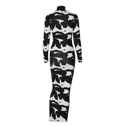 Maxiklänning Dam Turtleneck Bodycon Lång Klänning med Ko-Mönster-4
